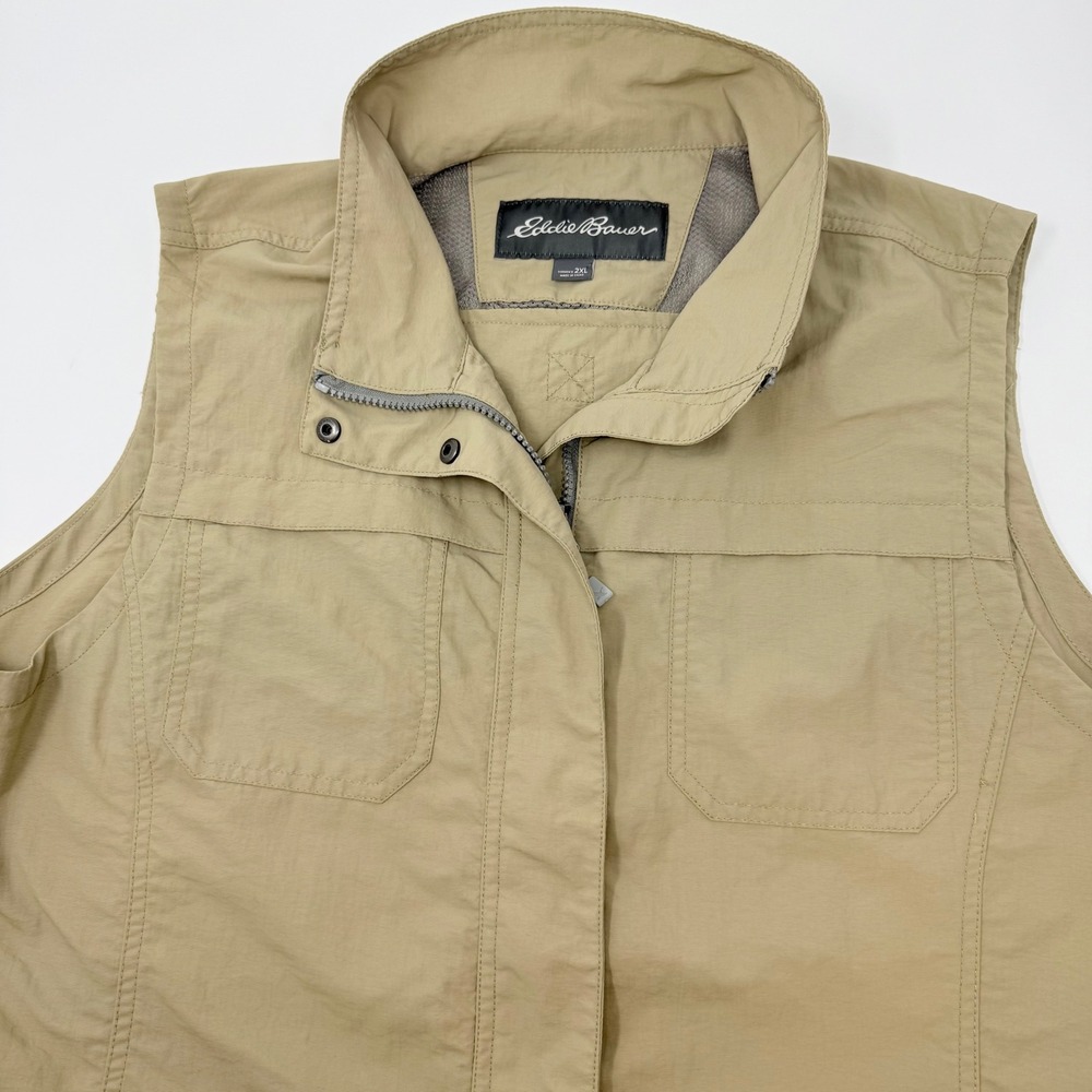 Eddie Bauer Womens 2XL Khaki Tan Utility Vest Full Zip Snap Pockets Outdoor Vent